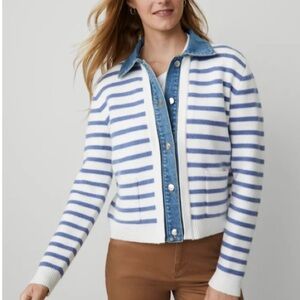 Ann Taylor Blue and White Striped Cardigan